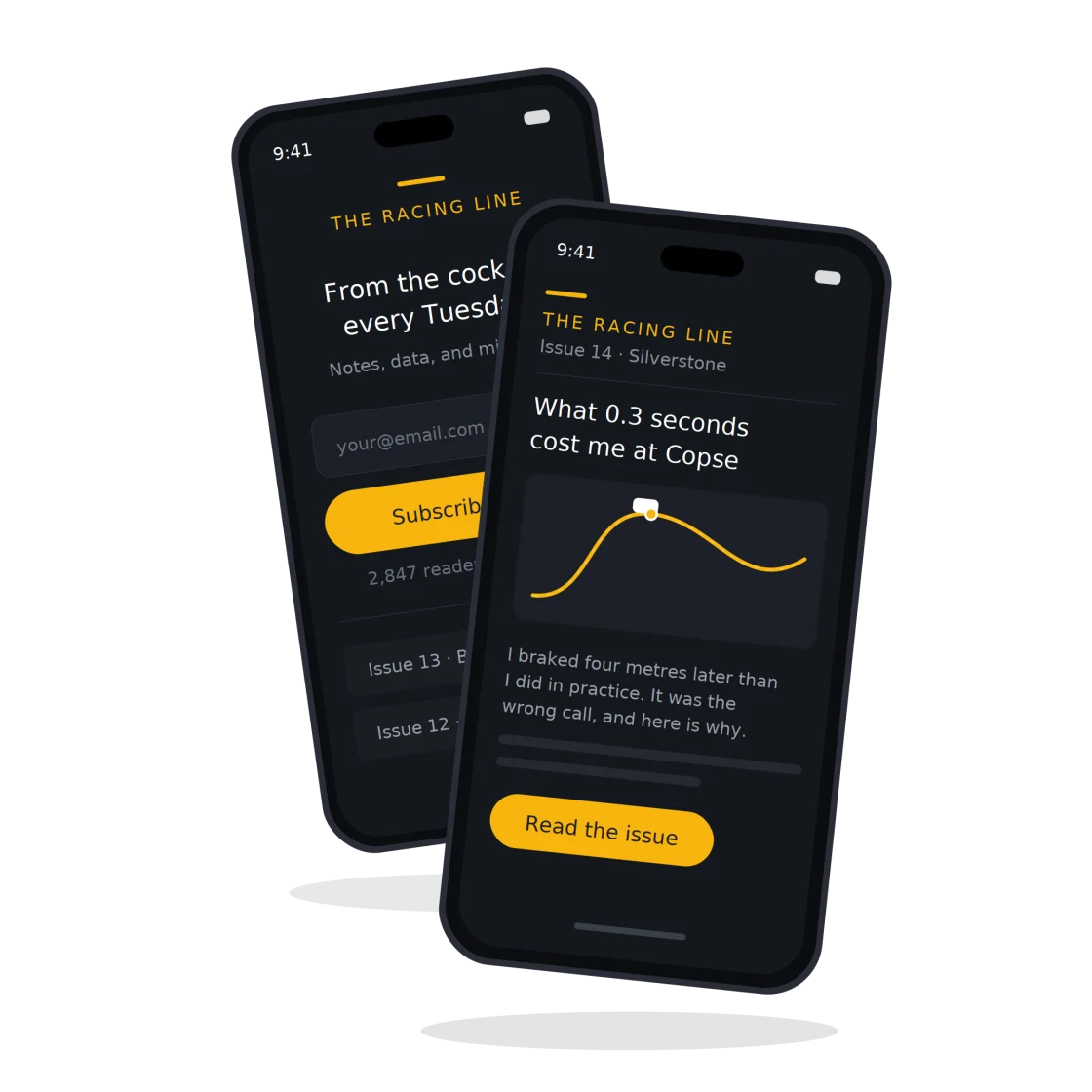 A racing driver's newsletter on two phones: the signup page for The Racing Line, and an issue headlined What 0.3 seconds cost me at Copse.